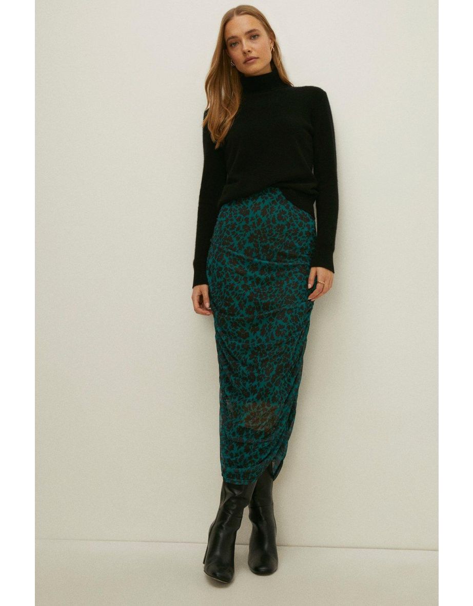 Floral Ruched Mesh Midi Skirt