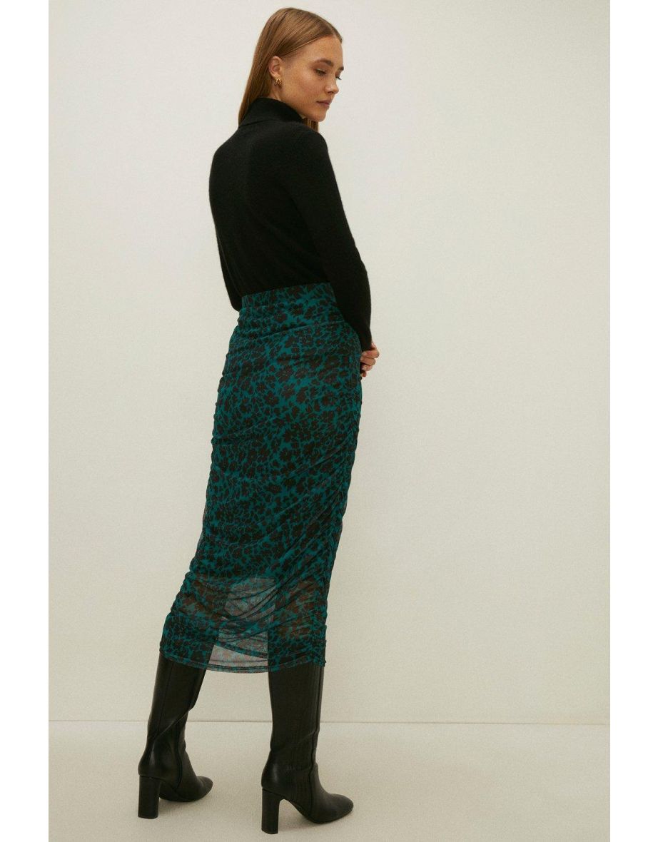 Floral Ruched Mesh Midi Skirt - 2