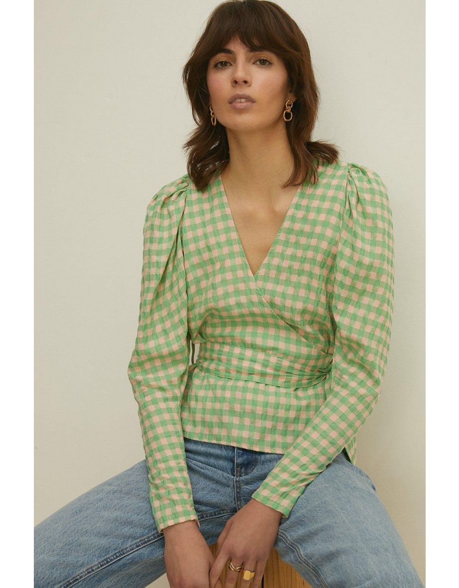 Mint Check Puff Sleeve Wrap Top