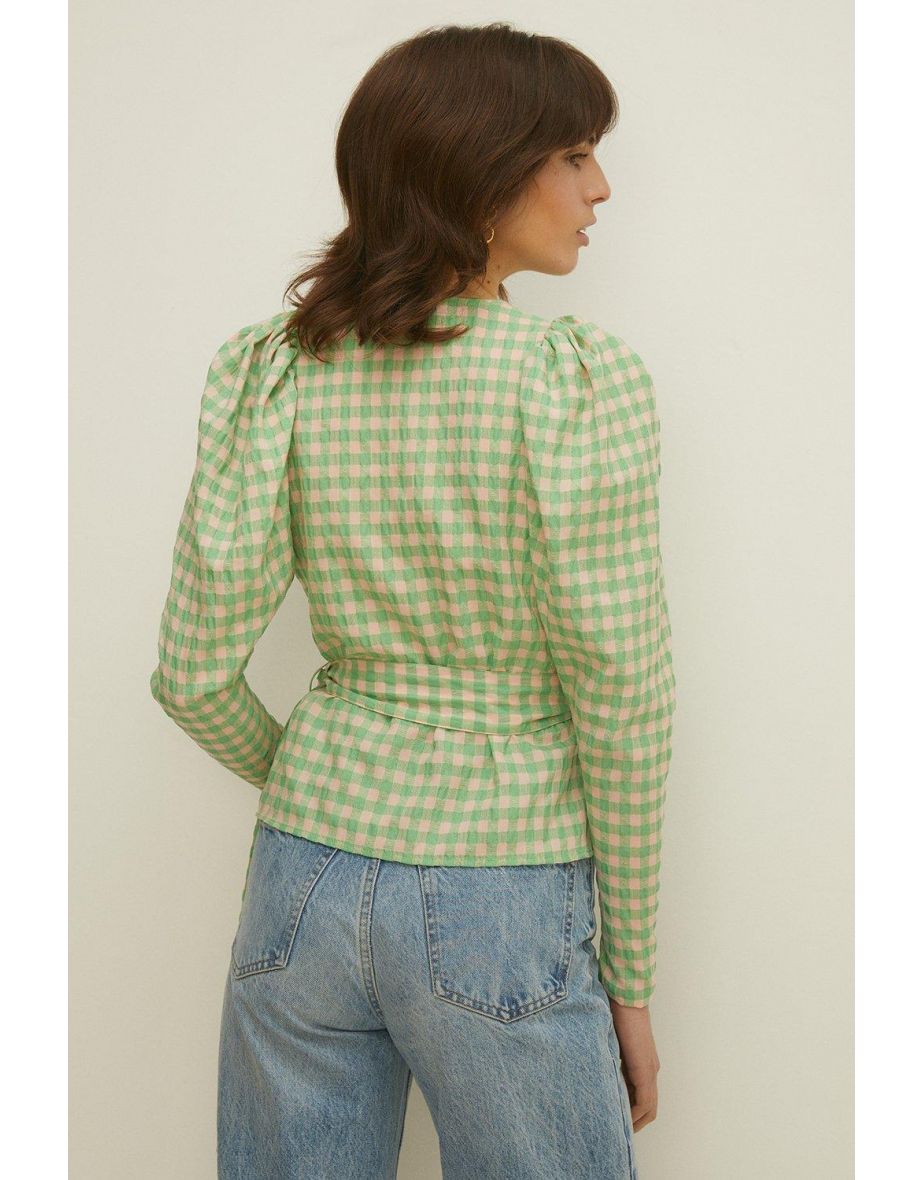 Mint Check Puff Sleeve Wrap Top - 2