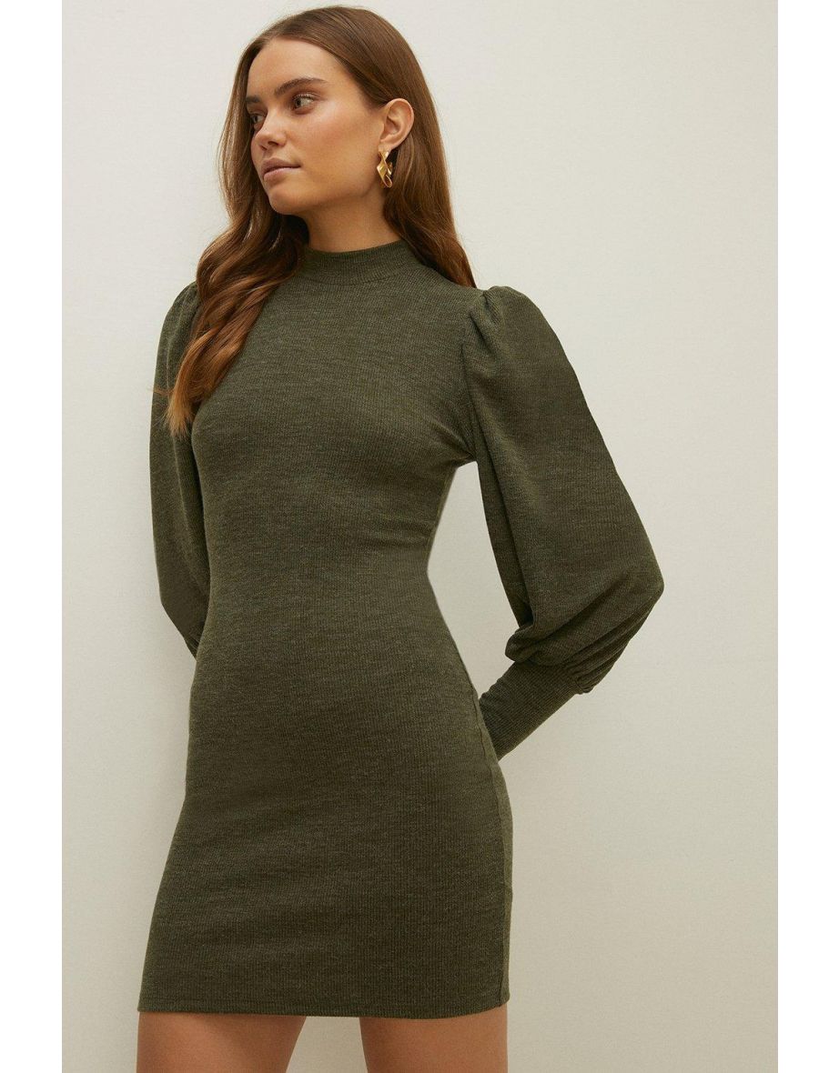 Oasis Funnel Neck Rib Knitted Midi Dress in Green