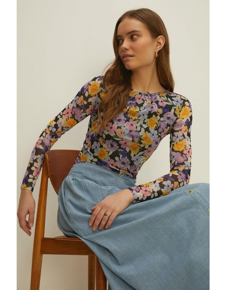 Floral Print Gathered Crew Neck Mesh Top