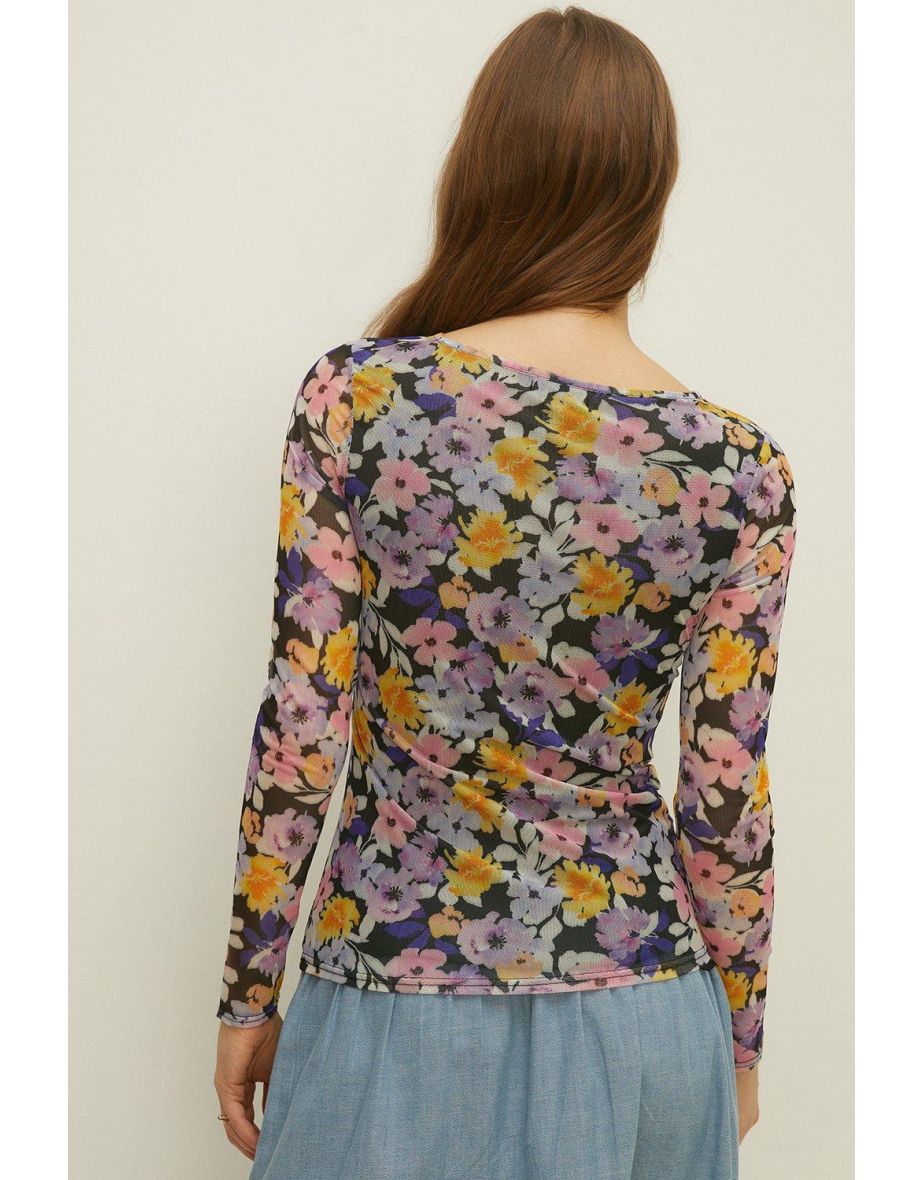 Floral Print Gathered Crew Neck Mesh Top - 2