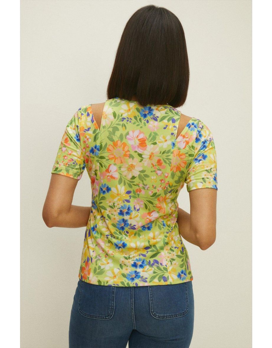 Floral Print Shoulder Cutout Top - 2