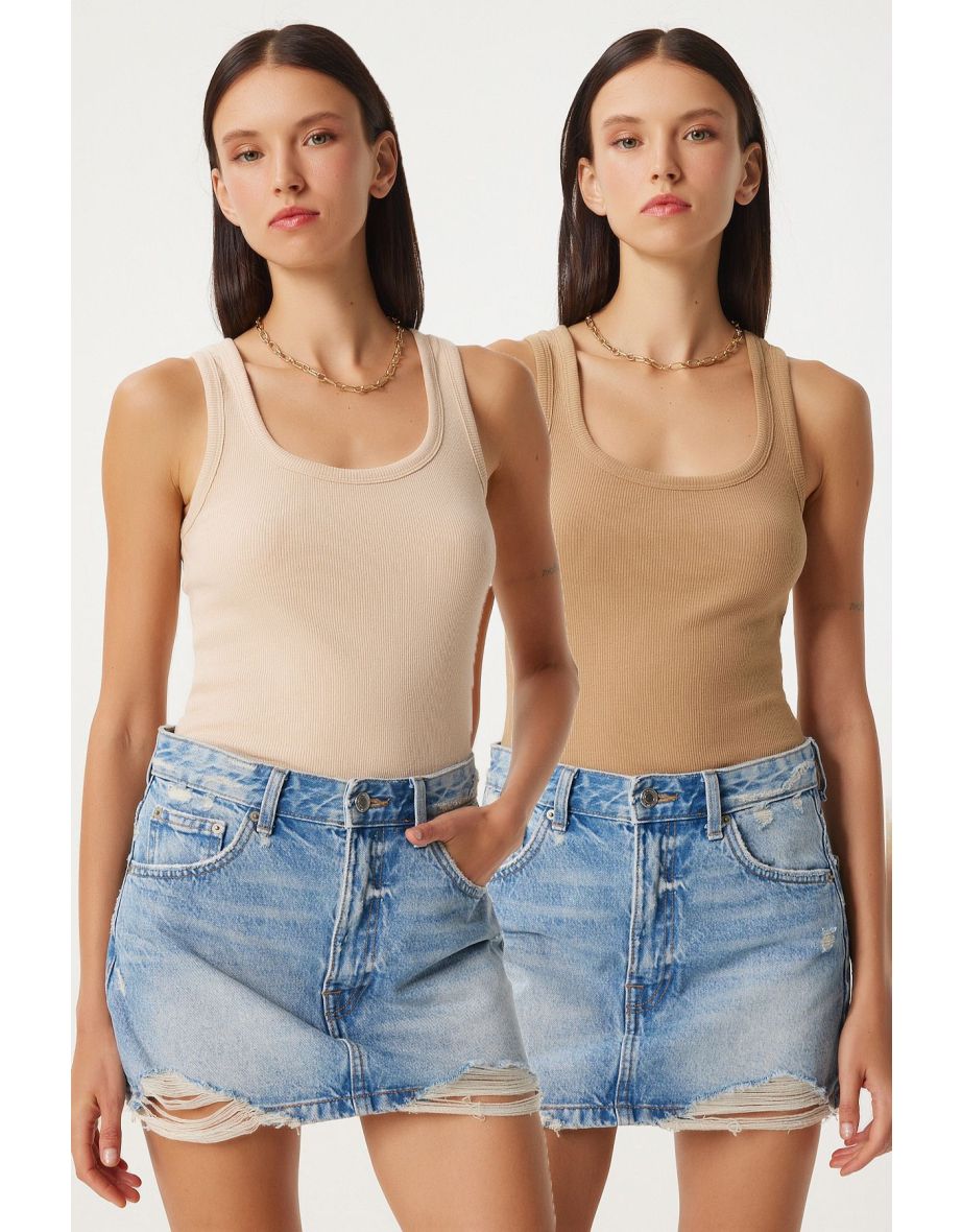 Women's Biscuit Cream 2-Piece Ribbed Thick Strappy Knitted Undershirt