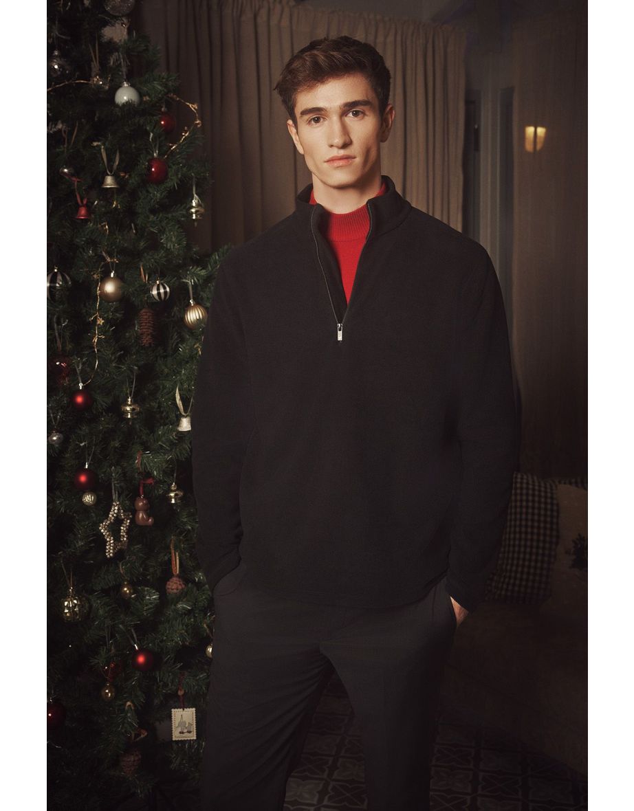 Men's Black Anti-pilling Anti-Pilling Standard Fit High Neck Cold Proof Fleece Sweatshirt