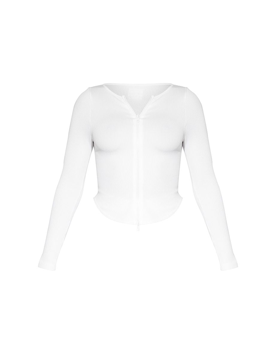 White Contour Rib Double Zip Top - 4