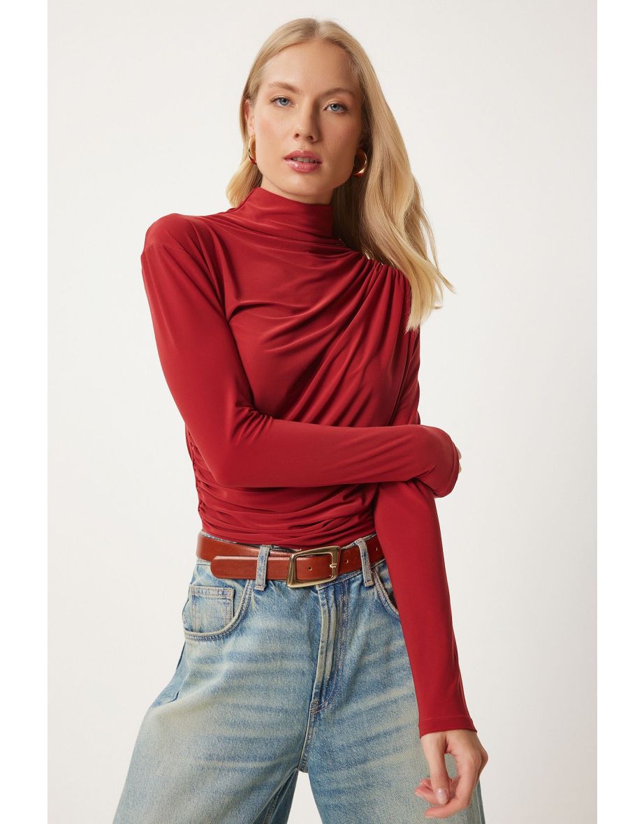 Women's Sandy Blouse with Tile Ruffle Detail Stand-Up Collar \