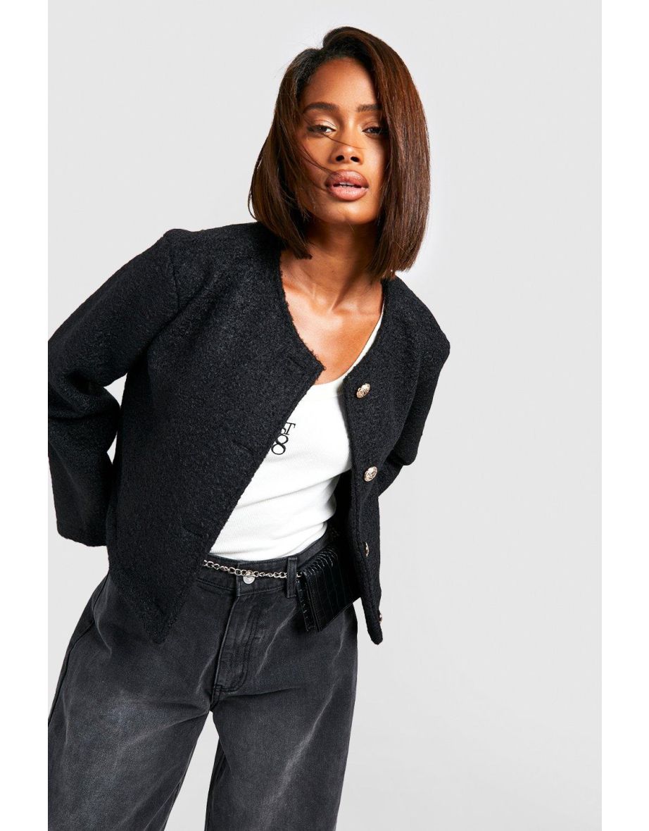 Collarless Textured Jacket - black