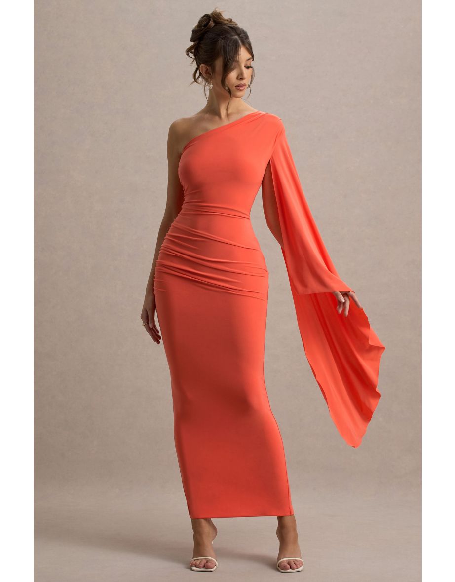 Clementina | Orange Asymmetric Cape Sleeve Maxi Dress