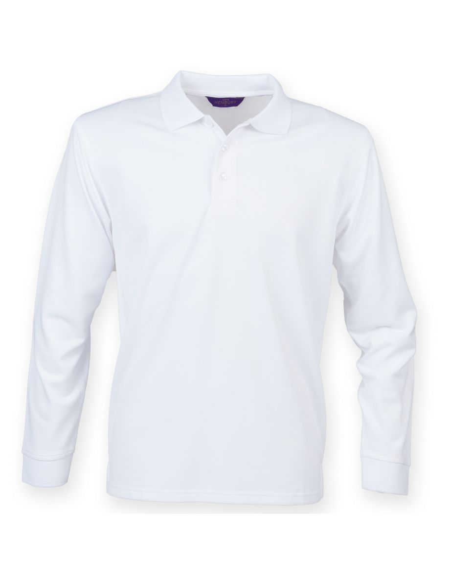 Henbury Mens Coolplus Moisture Wicking Long Sleeve Polo Shirt - White