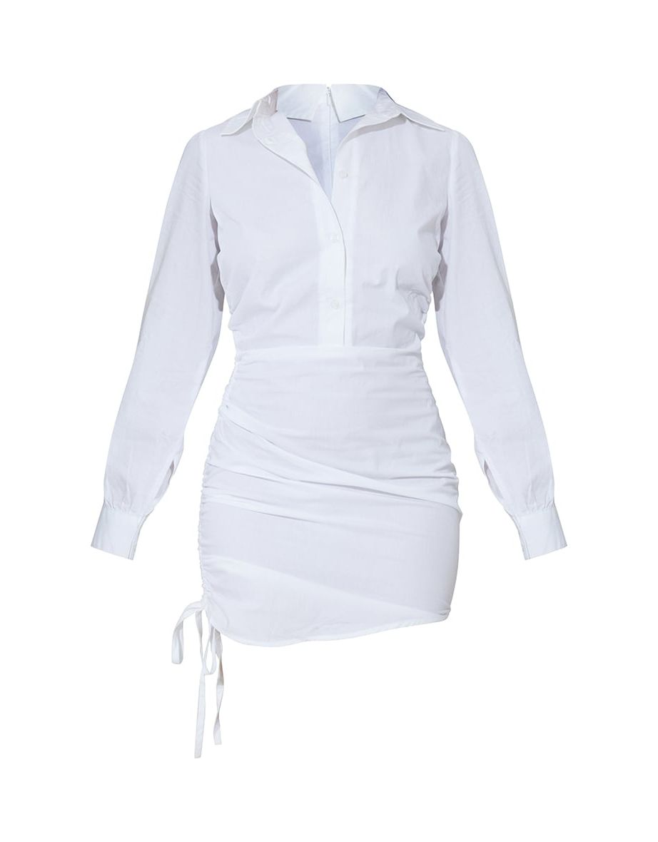 Recycled White Ruched Side Fitted Shirt Dress - 4