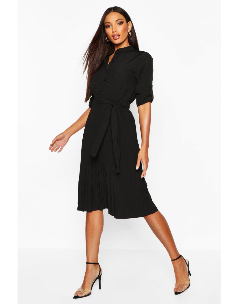 Pleated Collarless Midi Skater Dress - black