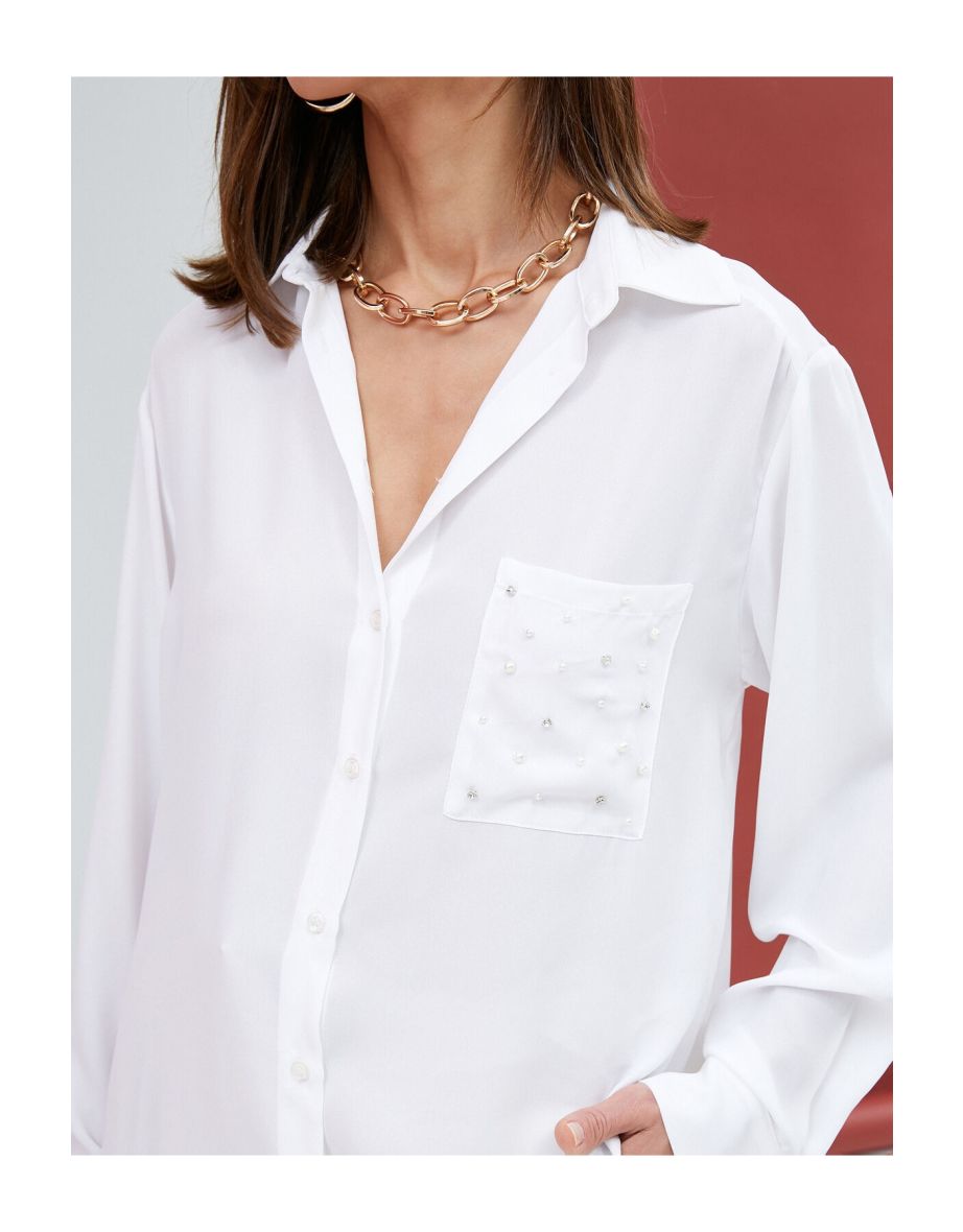 Long Sleeve Shirt with Stones Shiny Pearls, Pockets and Buttons. - 5