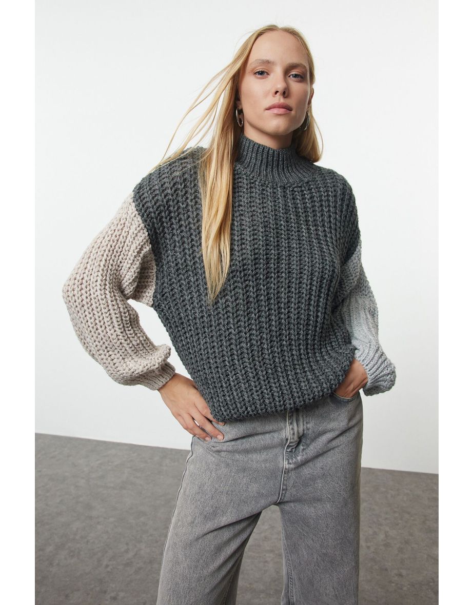 Anthracite Wide Cut Soft Texture Color Block Knitwear Sweater - 4