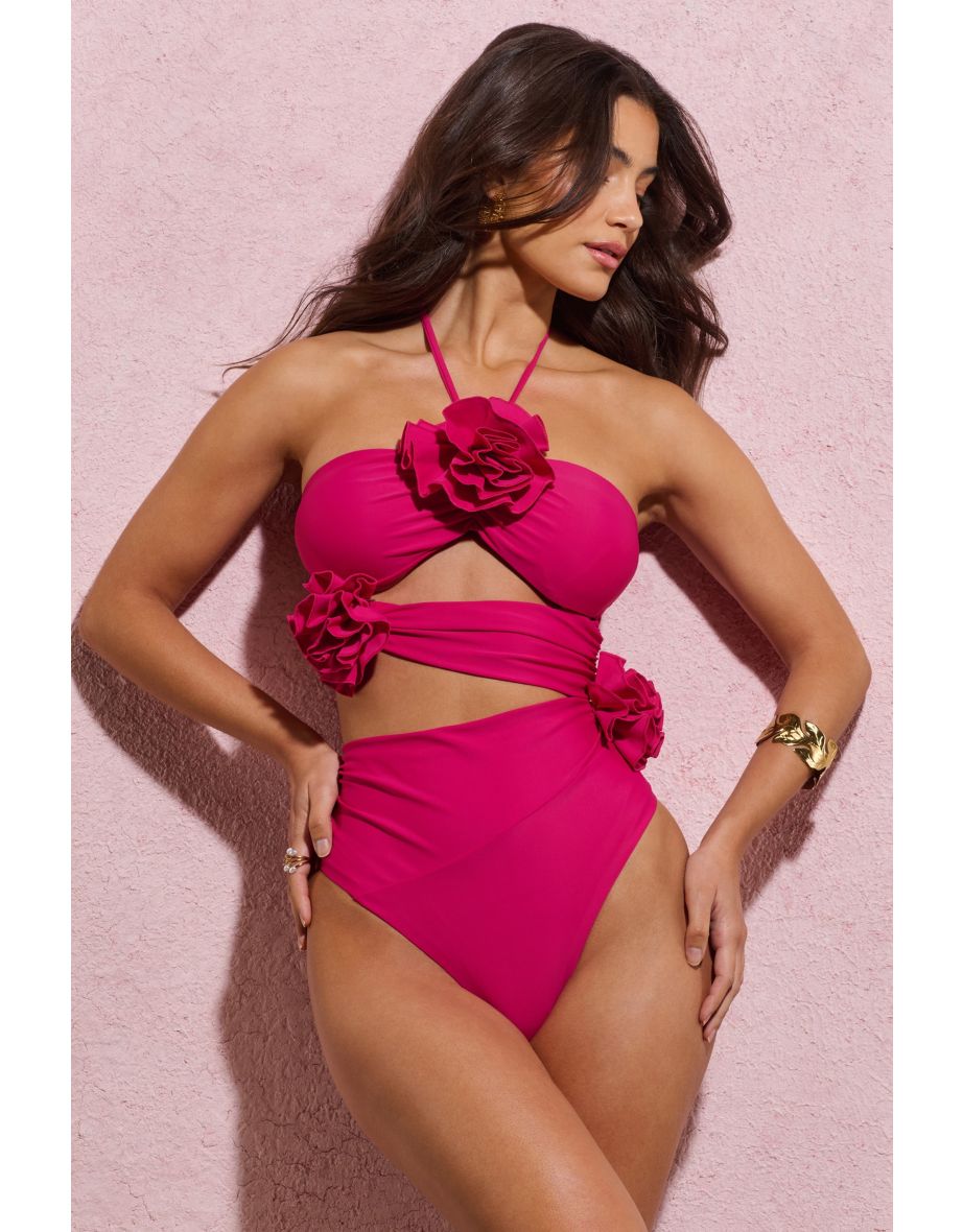 Monaco | Dark Pink Halter-Neck Swimsuit With Corsages - 4