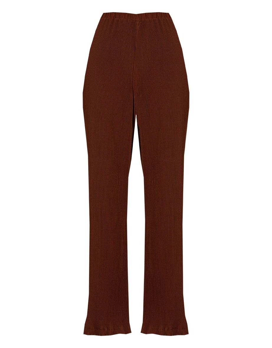 Chocolate Brown Plisse High Waisted Wide Leg Trousers - 3