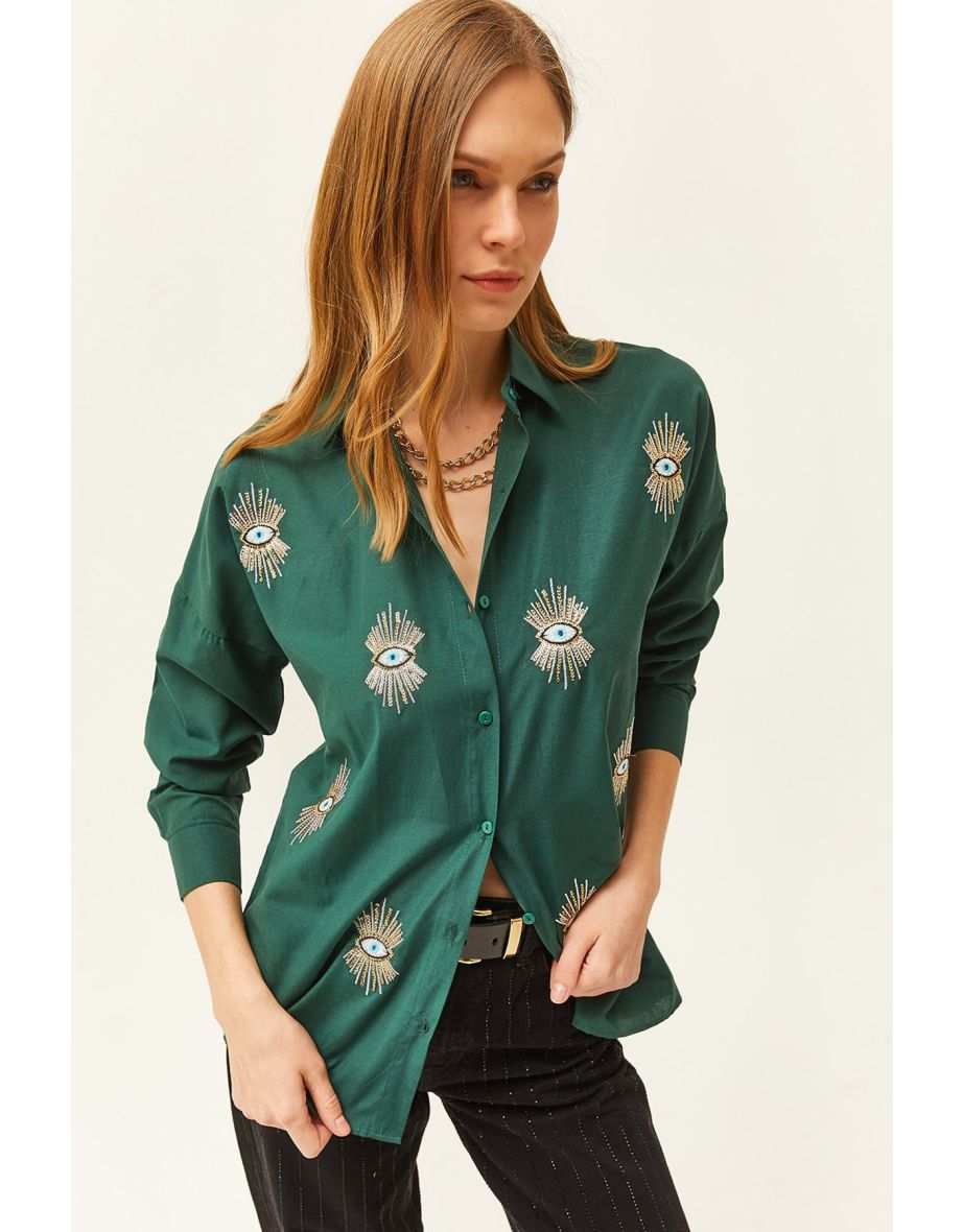 Women's Emerald Green Sequin Detailed Woven Boyfriend Shirt
