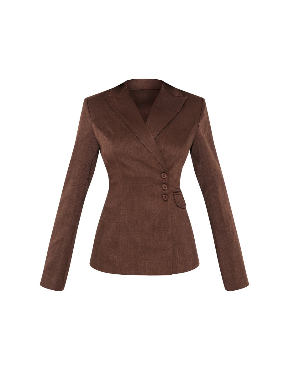 Chocolate Woven Tailored Cinched Waist Blazer - 4