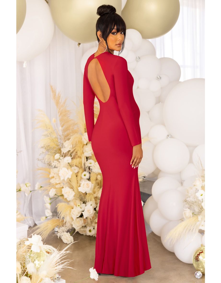 Red Maternity Maternity Long Sleeve Backless Maxi Dress - 4