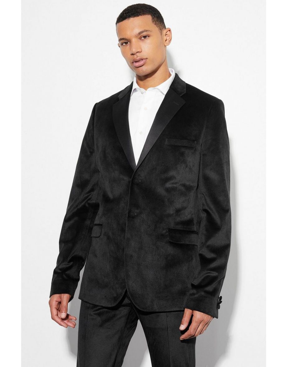 Tall Skinny Velour Satin Lapel Suit Jacket - black