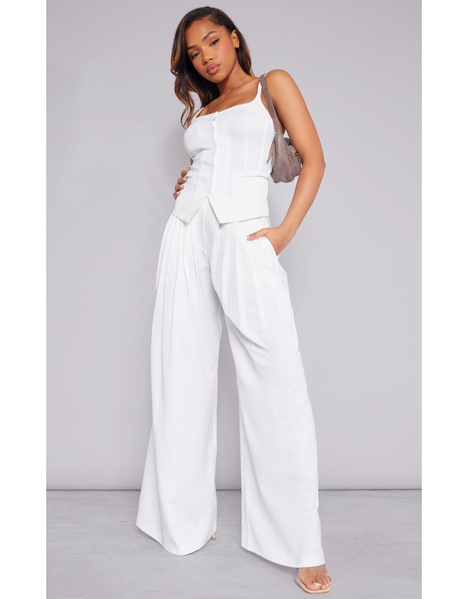 Premium White Woven Pleated Waistband Extreme Wide Leg Trousers