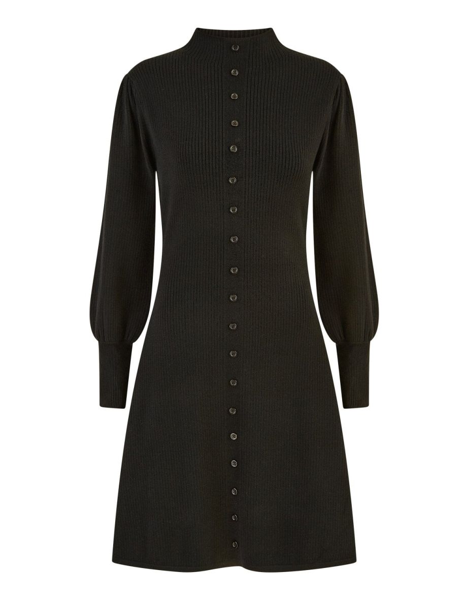 Yumi Black Knitted Button Up Midi Dress With Balloon Sleeves - 5