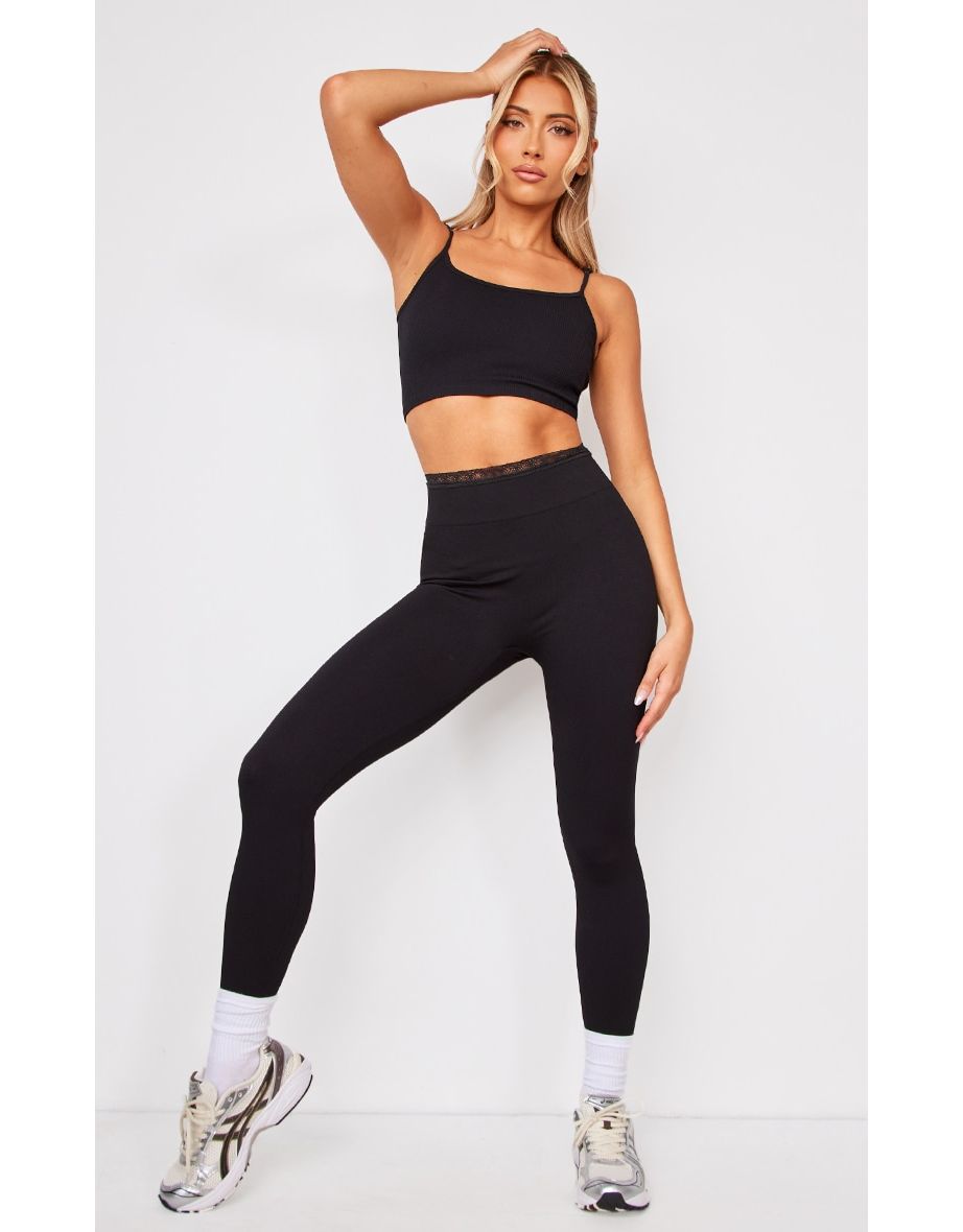 Black Seamless Lace Trim Contour Legging