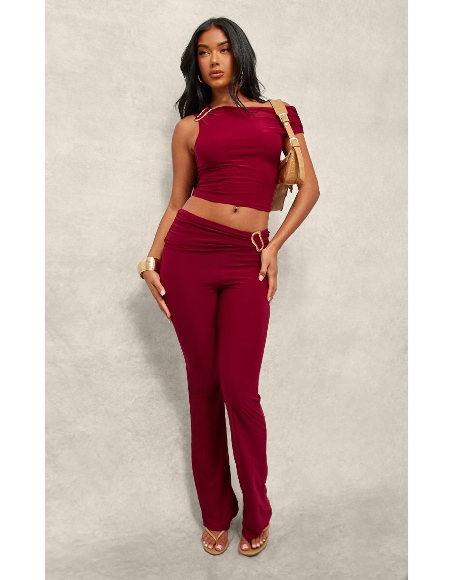 Shop Dark Red Slinky Ruched Off The Shoulder Metal Trim Top Online in Kuwait VogaCloset