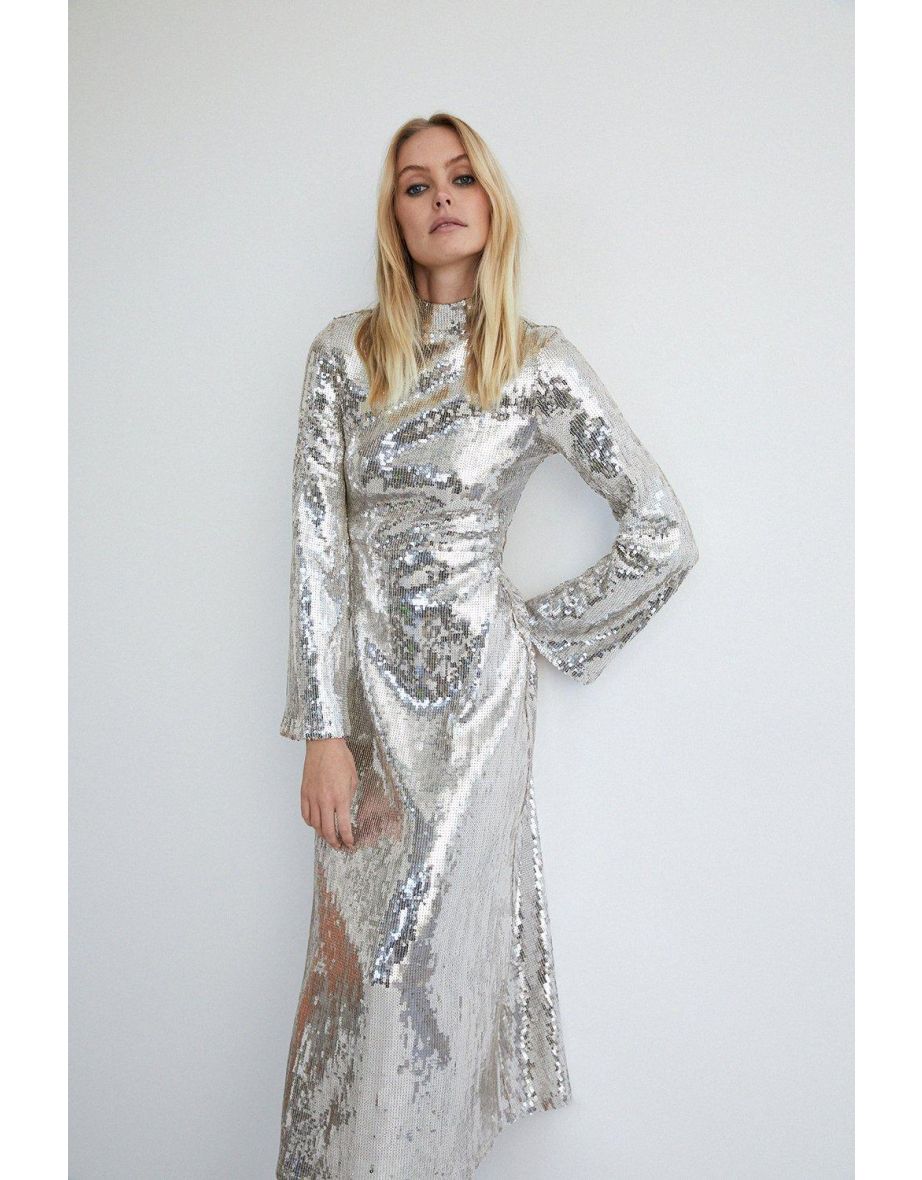 Sequin Funnel Neck Fluid Maxi Dress