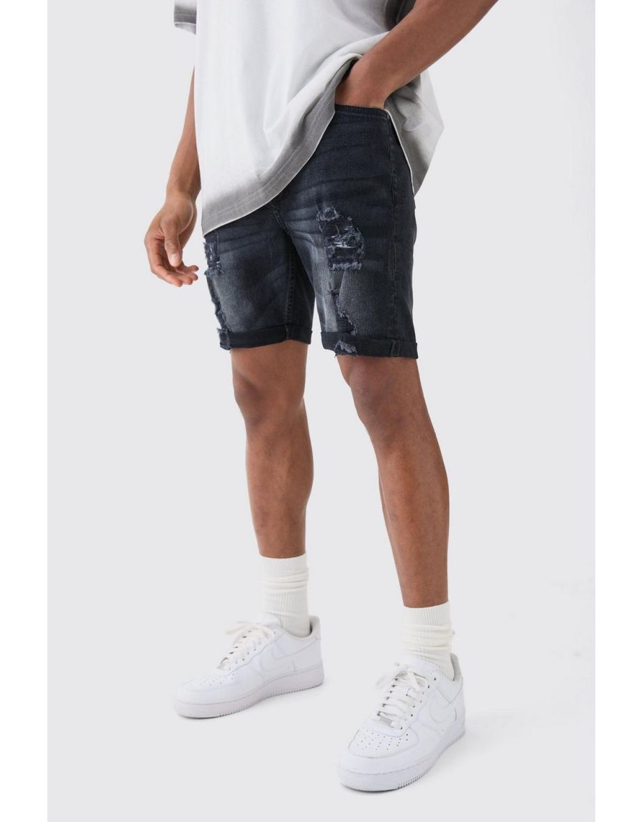 Shop Skinny Stretch Distressed Denim Shorts In Washed Black Online in Egypt VogaCloset