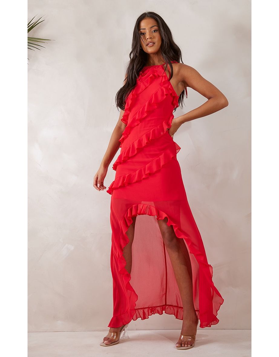 Shop Tall Red Strappy Frilled Midi Dress Online in Bahrain VogaCloset