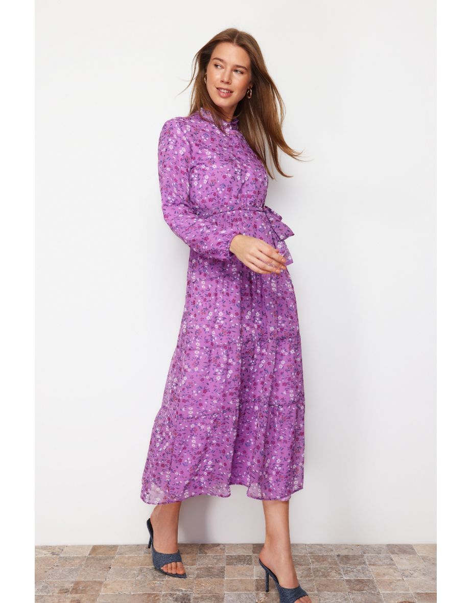 Shop Purple Floral Chiffon A Line Midaxi Skater Dress with Long Sleeves Online in Qatar VogaCloset