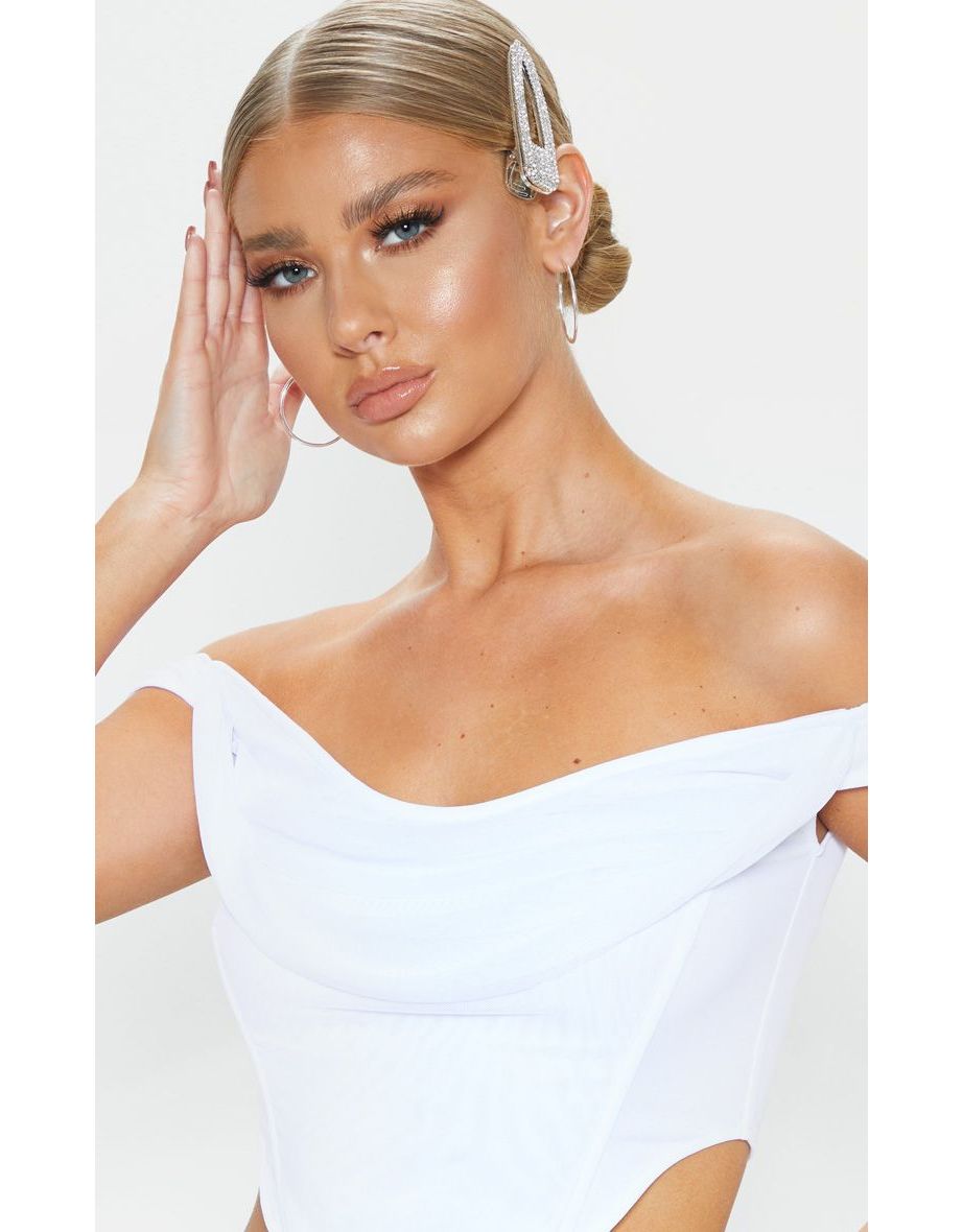 White Corset Mesh Bardot Top - 4