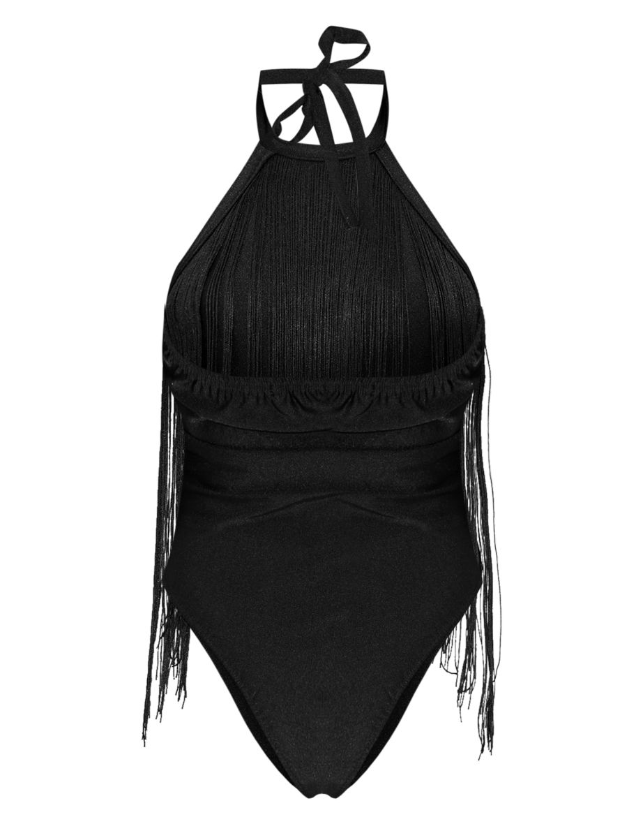 Black Fringe Halter Neck Swimsuit - 5