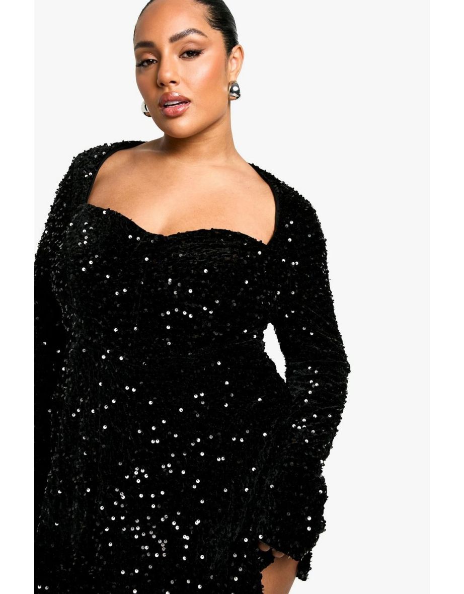 Plus Sequin Velvet Sweetheart Skater Dress - black - 3