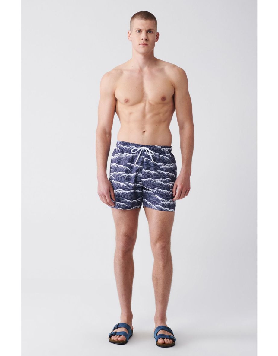 Men's Navy Blue Quick Dry Printed Standard Size Swimwear Marine Shorts