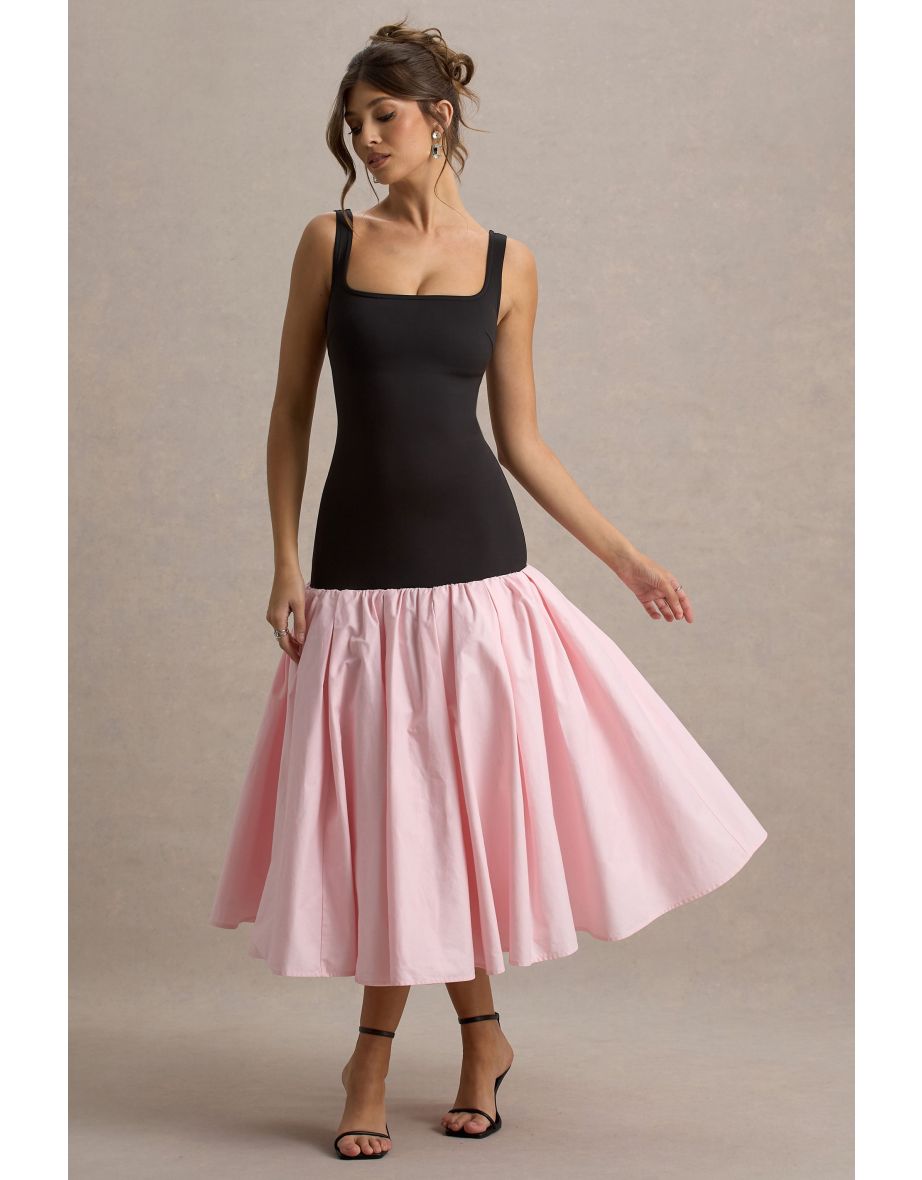 Parida | Black & Pink Poplin Drop-Waist Dress With Peplum Hem