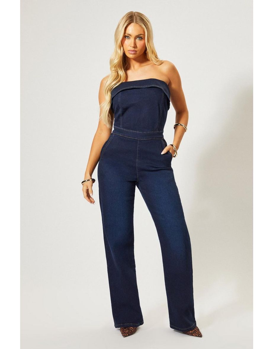 Fold Over Bandeau Denim Jumpsuit