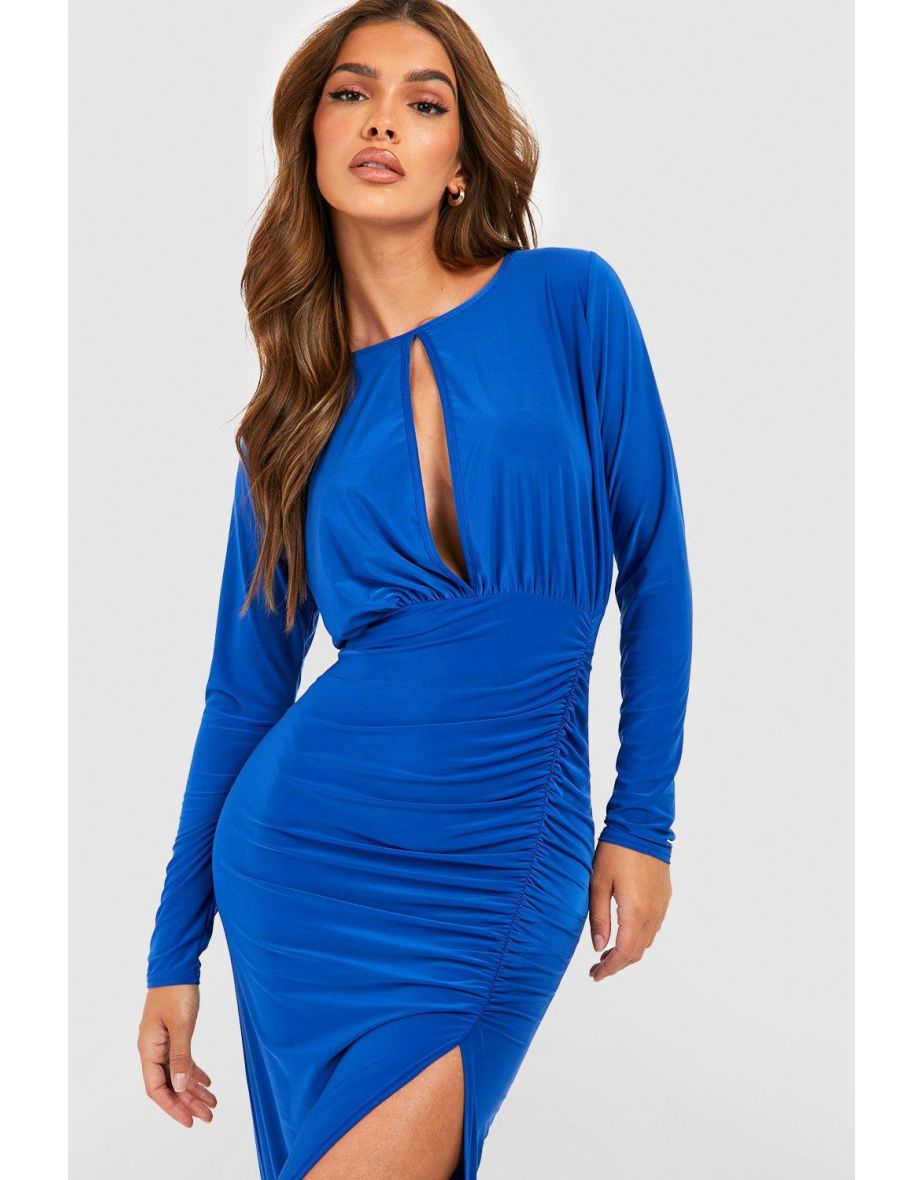 Rouched Slinky Split Maxi Dress - cobalt - 3