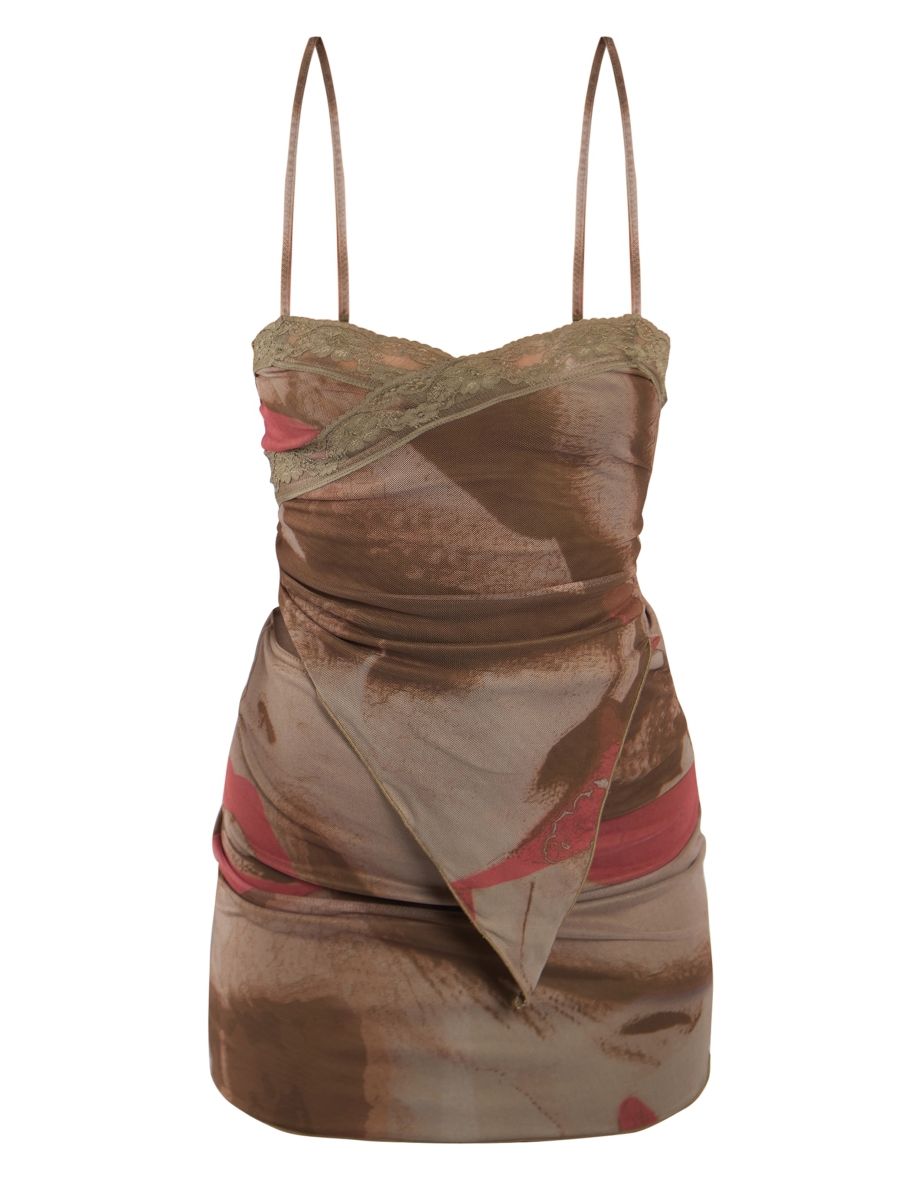 Red Lips Print Cut Out Overlay Lace Trim Bodycon Dress - 4
