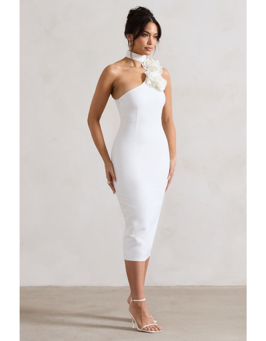 The Soiree | White Bodycon Midi Dress With Ruffled Choker - 4