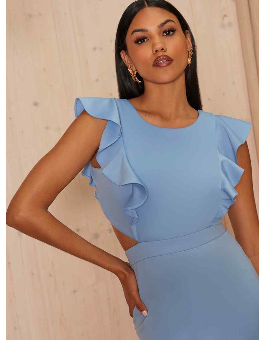 Ruffle Sleeve Cut Out Back Midi Dress in Blue - 7