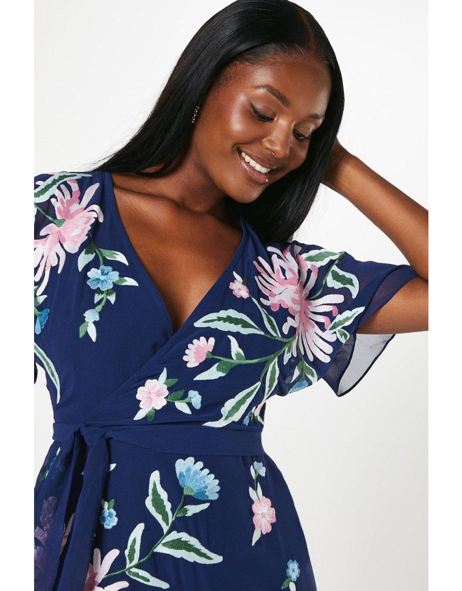 Floral Embroidered Wrap Bodice Dipped Skirt Dress - 3