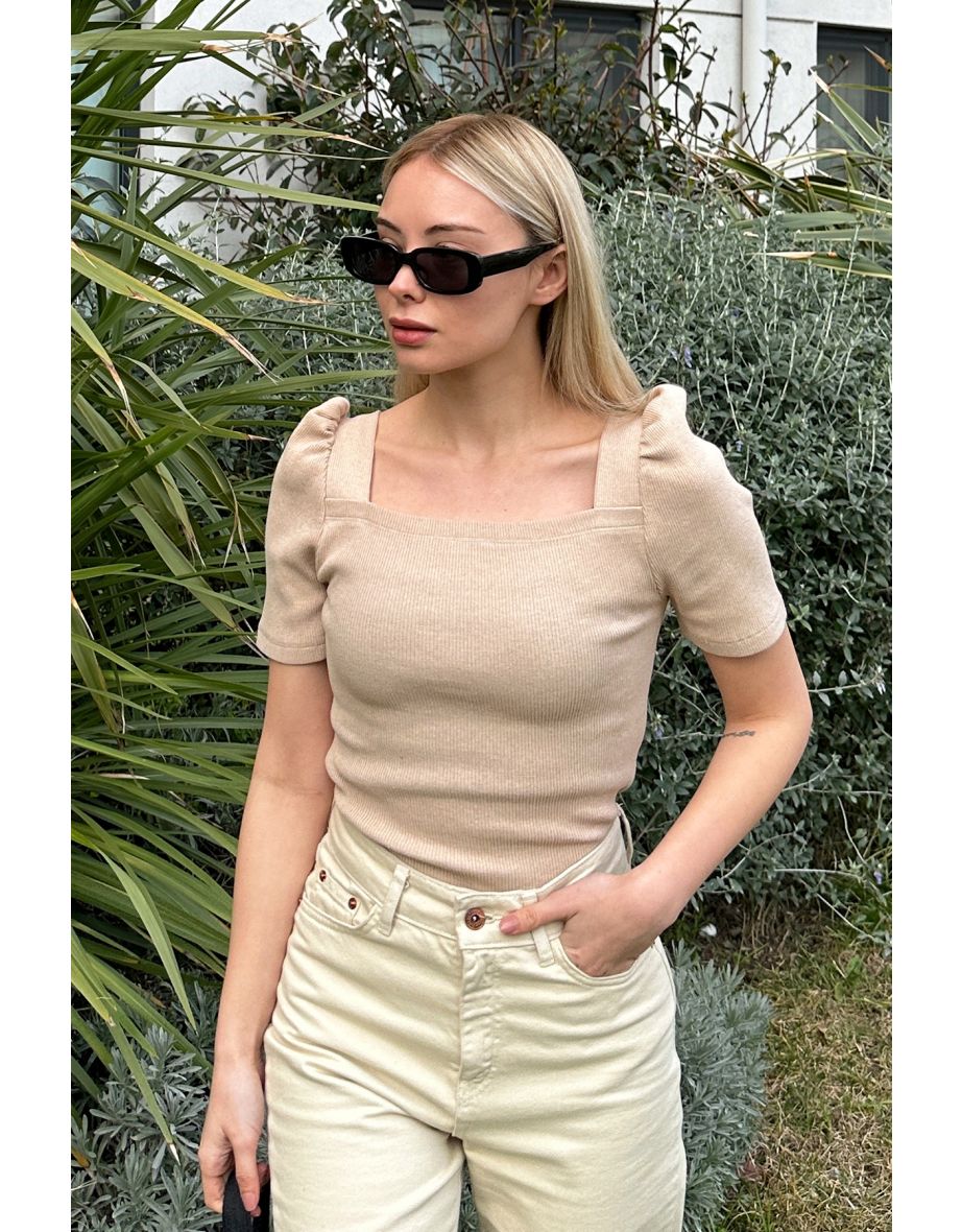 Women's Beige Square Neck Princess Sleeve Regular Fit Blouse