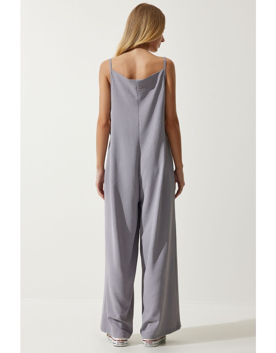 Women's Gray Strap Loose Knitted Overalls Jumpsuit - 6