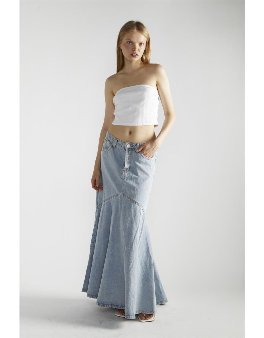 Light Stonewash Denim Fishtail Maxi-Skirt