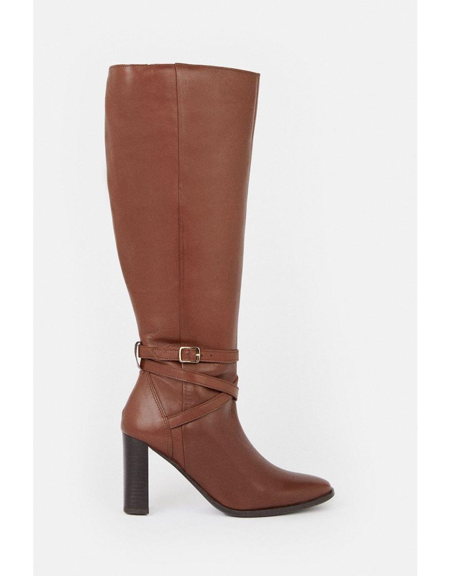 Leather Heeled Buckle Detail Knee High
