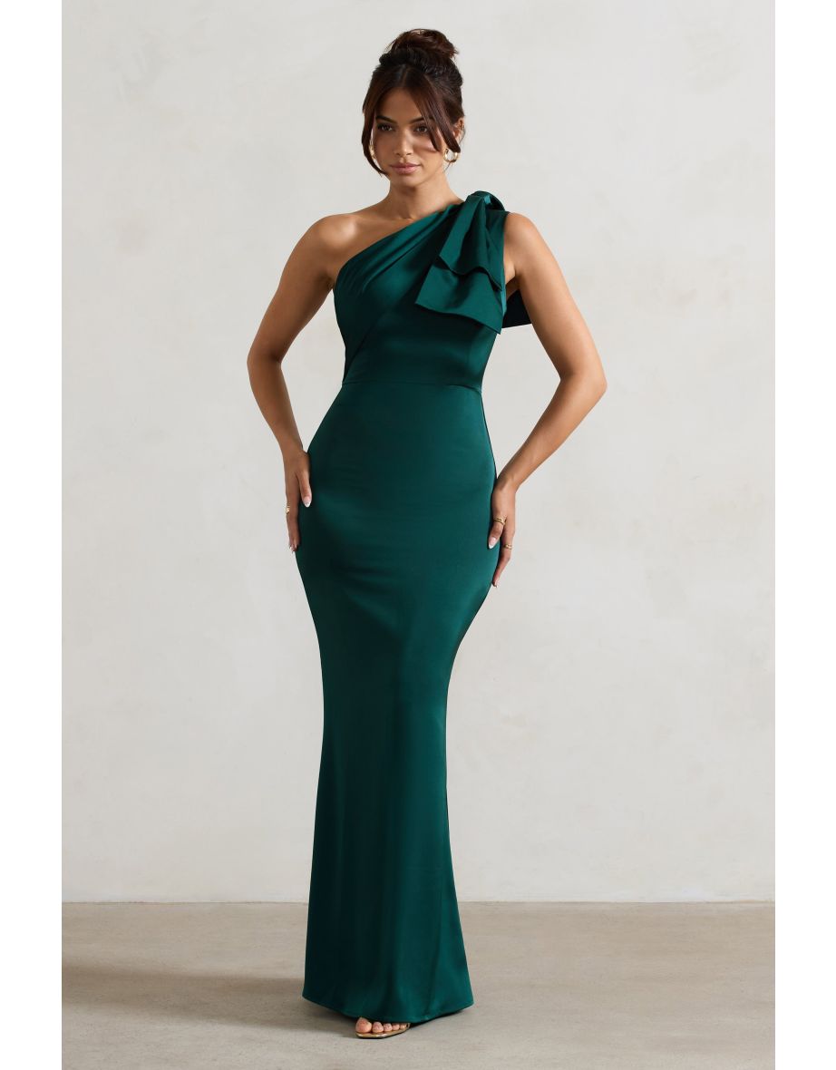 Lady | Bottle Green Satin One Shoulder Maxi Dress With Bow - 4