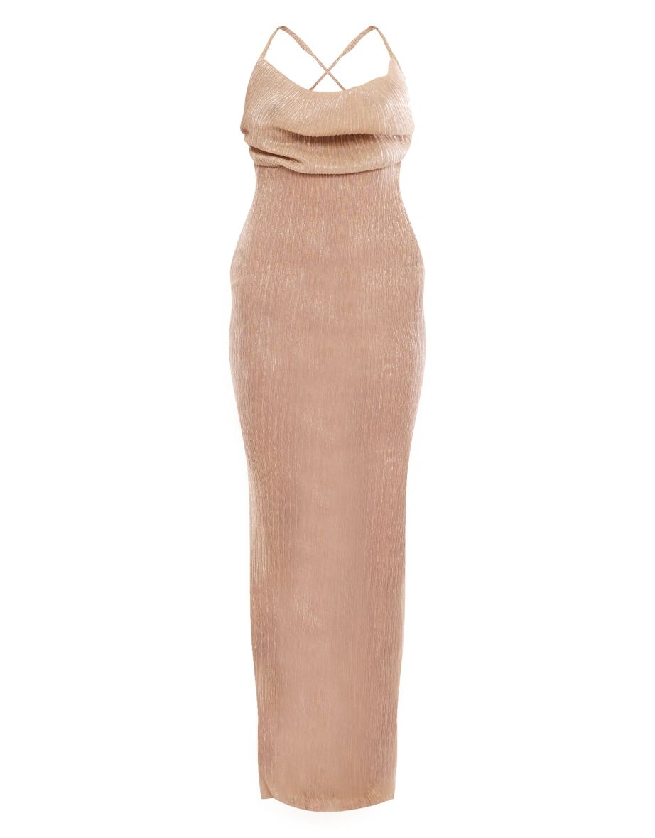 Gold Glitter Plisse Sheer Cowl Neck Maxi Dress - 3